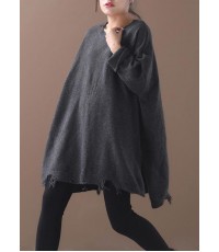 Vintage winter gray knitted blouse plus size Hole knit tops
