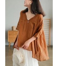 Women Orange Ramie Lace-up Pure Color Irregular Casual T-shirt