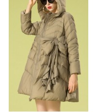 Vintage Khaki hooded zippered Bow Winter Duck Down down coat