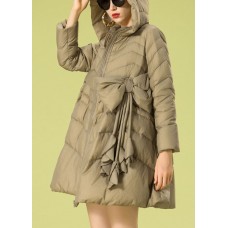 Vintage Khaki hooded zippered Bow Winter Duck Down down coat