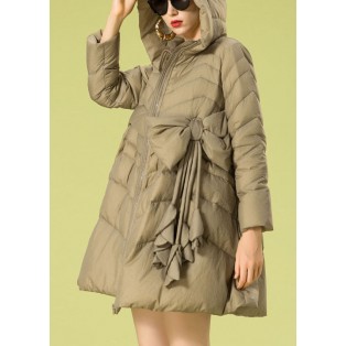 Vintage Khaki hooded zippered Bow Winter Duck Down down coat