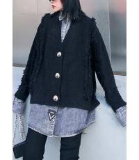 For Spring black knit cardigans oversize knitwear lapel patchwork tops