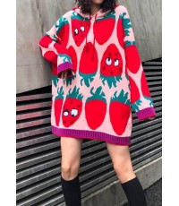 Aesthetic pink print knit blouse Loose fitting knit hooded drawstring tops