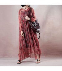 fine light red silk dress v neck long sleeve gown print Cinched drawstring maxi dress