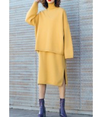 Autumn new temperament yellow high collar long-sleeved sweater suit skirt two-piece