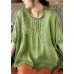 Women Green Floral Draped Ramie O-neck Embroidered Split T-shirt