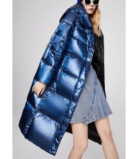 Luxury Blue zippered Pockets Loose Winter Duck Down Coat