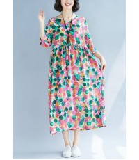 Loose rose dotted prints cotton linen Wardrobes short sleeve Kaftan summer Dress