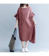 boutique burgundy cotton linen dress oversized O neck drawstring traveling clothing Fine Petal Sleeve baggy dresses