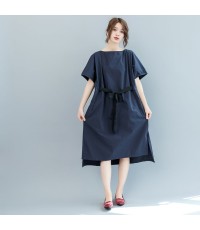 baggy dark blue long cotton dresses plus size o neck tie waist caftans vintage short sleeve dresses