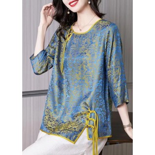 French Blue O-Neck Asymmetrical Jacquard Silk Top Half Sleeve