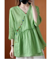 French Green V Neck Ruffled asymmetrical design Fall Half Sleeve Shirt