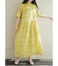 Women yellow prints cotton clothes For Women stand collar A Line summer Dresses