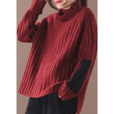 Comfy burgundy knit blouse patchwork sleeve plus size high neck knit tops