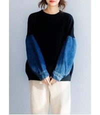 Women black Blouse patchwork sleeve fashion winter knitted blouse