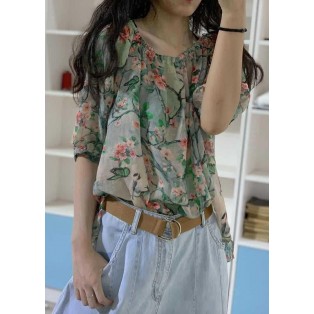 Unique prints linen clothes half sleeve box fall blouses