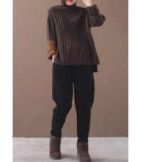 Women brown knit tops patchwork sleeve casual high neck sweaters