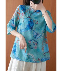 Vintage Blue Stand Collar Print Button Tops Spring