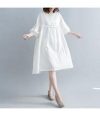 fashion white cotton linen knee dress plus size clothing cotton linen clothing dresses New lantern sleeve Cinched o neck baggy dresses