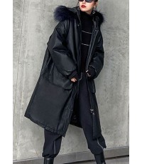 Trendy Black hooded Fur collar Pockets Thick Winter Cotton PU Women s Parka