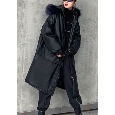 Trendy Black hooded Fur collar Pockets Thick Winter Cotton PU Women s Parka