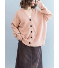 Oversized fall pink knit sweat tops plus size clothing v neck knit blouse