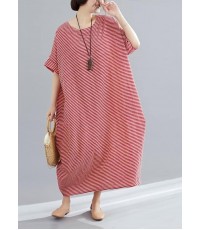 DIY red striped cotton tunics for women Plus Size Tutorials o neck A Line Summer Dresses