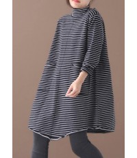Pullover blue striped knitwear oversize high neck asymmetric knit tops
