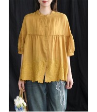 Women Loose Chic Cotton Tunic Boutique Embroidery Summer Vintage Shirt