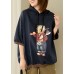 Navy Loose Hooded Print Fall Sweatshirt Street Wear