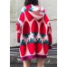 Aesthetic pink print knit blouse Loose fitting knit hooded drawstring tops
