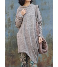 French bige Cotton tunic dressasymmetric tunic long sleeve Dresses