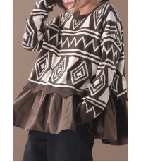 Comfy brown Sweater Blouse patchwork casual Geometry knit tops