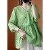 French Green V Neck Ruffled asymmetrical design Fall Half Sleeve Shirt