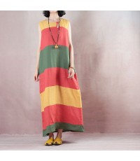 New multicolor striped linen maxi dress trendy plus size O neck linen maxi dress Fine Sleeveless baggy dresses