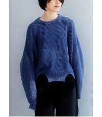 Oversized blue knit blouse open hem Loose fitting knit tops