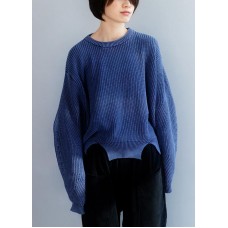 Oversized blue knit blouse open hem Loose fitting knit tops