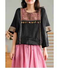 Black Vintage Embroidered Linen Women T-shirt