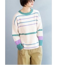 Vintage winter beige sweaters Loose fitting patchwork color knitted top