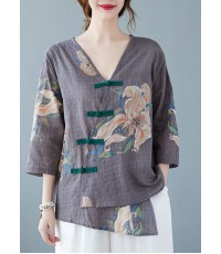 Style Grey V Neck Print Blouses Half Sleeve