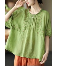 Women Green Floral Draped Ramie O-neck Embroidered Split T-shirt