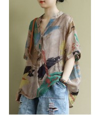 Bohemian V Neck Print Button Shirt Tops Half Sleeve