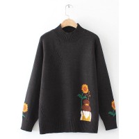 Women Black Sunflower Knitted Top High Neck Trendy Plus Size Sweaters