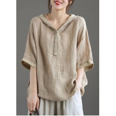 Khaki hooded Patchwork Summer Linen Blouses