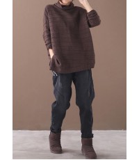 Comfy chocolate clothes high neck thick Loose fitting knitted blouse
