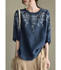 Handmade Navy lantern Sleeve Ruffled Summer Cotton Linen Shirt Tops