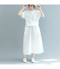 New white cotton maxi dress Loose fitting o neck Cinched traveling clothing 2018 short sleeve baggy dresses