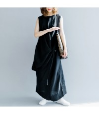 Elegant dark gray linen maxi dress oversized O neck baggy dresses linen clothing dress casual Sleeveless tie waist caftans