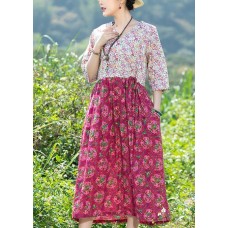 Women rose floral Cotton quilting dresses v neck Art summer Dresses